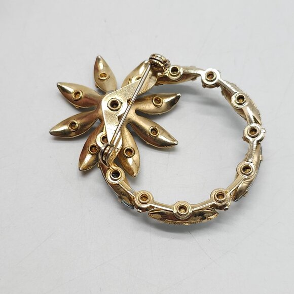 Vintage Gold Tone Brooch With Blue Rhinestones In Floral Design - Picture 3 of 4